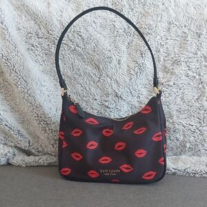 Kate Spade Little Better Sam - Black Nylon Shoulder Bag With Red Kisses